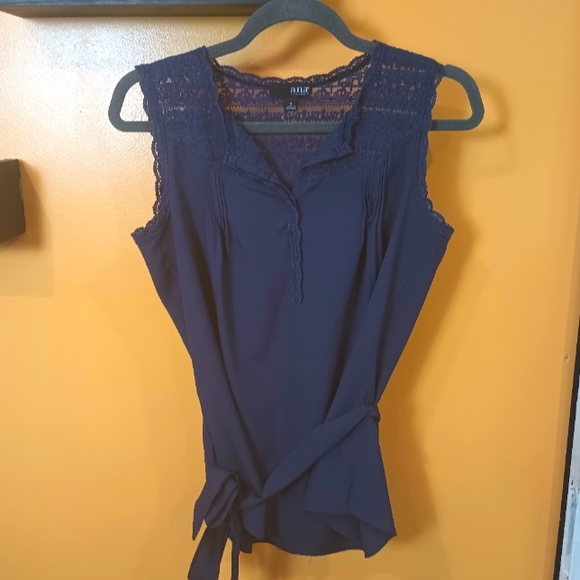 A.N.A Navy Blue Ruffle Sleeveless Blouse With Back Tie Size M - Picture 2 of 8